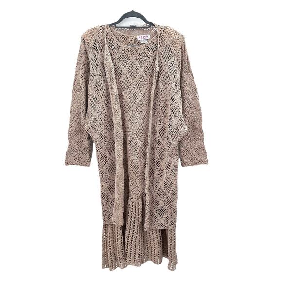 Vintage J.M. Pink Crochet Dress & Duster Jacket Set Open Knit Beige Womens Large - Picture 5 of 10